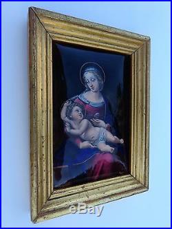 Exquisite 19th Century Madonna Child Jesus After Raphael Sanzio Enamel Painting