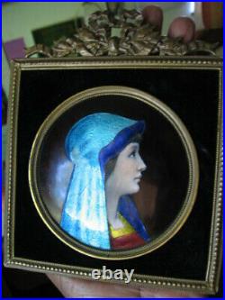 Exquisite Vintage Enamel on Copper Portrait of a Young Woman Framed Signed