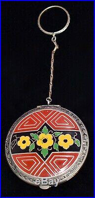 FABULOUS Antique ART DECO Floral HAND PAINTED ENAMEL Compact w FINGER RING