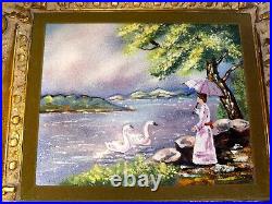 FRAMED ENAMEL ON COPPER Lake Geese Woman SIGNED