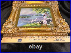 FRAMED ENAMEL ON COPPER Lake Geese Woman SIGNED