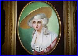 Fabulous Antique French Enamel Lady In Hat Portrait In Gilt Easel Back Frame