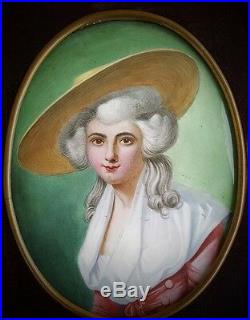 Fabulous Antique French Enamel Lady In Hat Portrait In Gilt Easel Back Frame
