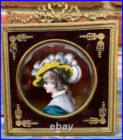 Fine Antique Limoges Enamel Portrait Of A Woman In Large Hat. Nice Frame