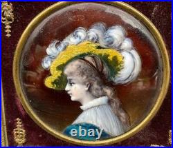 Fine Antique Limoges Enamel Portrait Of A Woman In Large Hat. Nice Frame