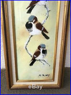 Fine Max Karp Original Enamel on Copper Painting with Winter Birds Chickadees RARE