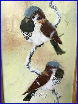 Fine Max Karp Original Enamel on Copper Painting with Winter Birds Chickadees RARE