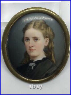 Fine c1890 Portrait Miniature Painting Enamel Porcelain Of Pretty Young Lady