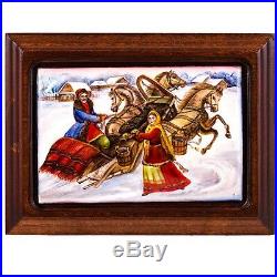 Finift Enamel Painting Wall Art Hand Painted Russian Winter Troika Horse Village
