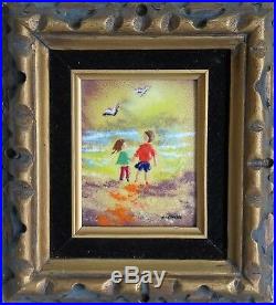 Fleming Enamel on Copper Miniature Painting Girl and Boy Holding Hands Beach
