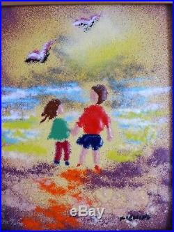 Fleming Enamel on Copper Miniature Painting Girl and Boy Holding Hands Beach