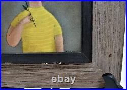 Framed Enamel Painting Girl with Daisey Flower Signed Phyllis Sloane early work