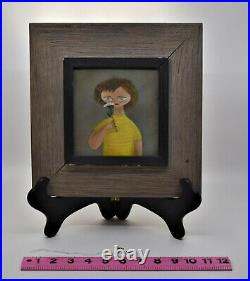 Framed Enamel Painting Girl with Daisey Flower Signed Phyllis Sloane early work