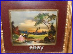 Framed Painting glass enamel on copper Victorian Couple Countryside Lake Signed
