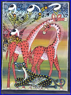 Framed Tinga Tinga Folk Art Enamel on Cloth Giraffes Cheetah Birds 17x13