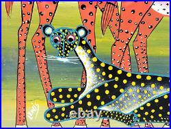 Framed Tinga Tinga Folk Art Enamel on Cloth Giraffes Cheetah Birds 17x13