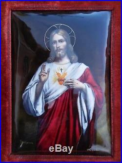 French 19th Century Enamel Jesus Christ Flaming Passion Sacred Heart Painting