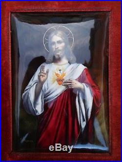 French 19th Century Enamel Jesus Christ Flaming Passion Sacred Heart Painting