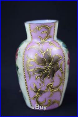 French Antique Art Nouveau Hand Painted Enamel Pink & White Opaline Vase