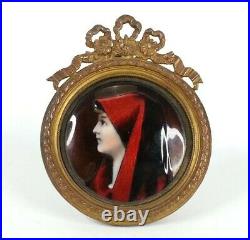 French Antique Lady In Red Enamel Portrait With Dore' Ormolu Framed Easel 2.75
