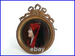 French Antique Lady In Red Enamel Portrait With Dore' Ormolu Framed Easel 2.75