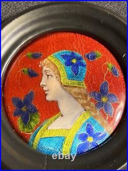 French Guilloche Portrait Miniature Hand Painted Enamel Of A Young Woman Antique