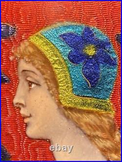 French Guilloche Portrait Miniature Hand Painted Enamel Of A Young Woman Antique