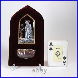 French Holy Water Font Stoup Limoges Enamel Virgin Mary & Child Jesus 19th Cent