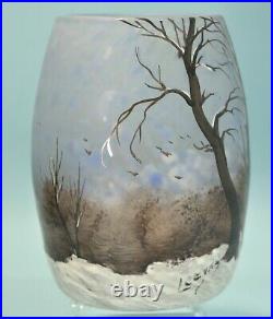 French Legras Painted Enamel Blown Art Glass Vase Birch Trees/Winter Circa 1900