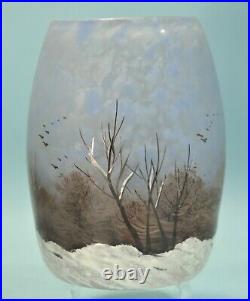 French Legras Painted Enamel Blown Art Glass Vase Birch Trees/Winter Circa 1900