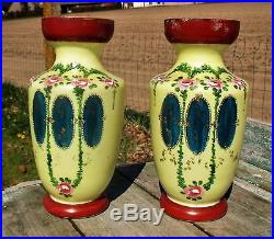 French Opaline Couple of Vases hand painted Enameled Art Deco