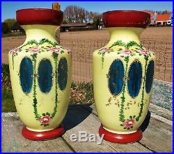 French Opaline Couple of Vases hand painted Enameled Art Deco