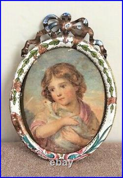 Georgian miniature watercolour portrait of child with dove in enamel frame