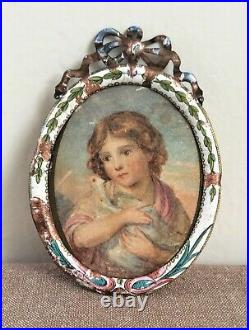 Georgian miniature watercolour portrait of child with dove in enamel frame
