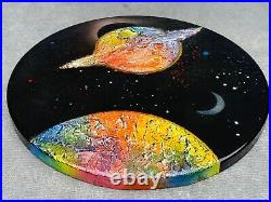 Gionanni Scalisi Signed 3d Abstract Painting Saturn Planets Round Enamel Plaque