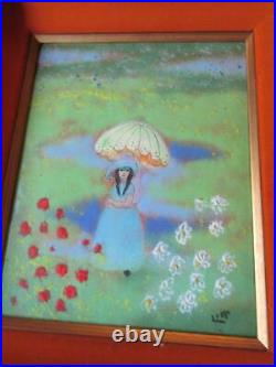 Girl With Umbrella Enamel on Copper Signed Liip Framed 15x13 Art 10x8