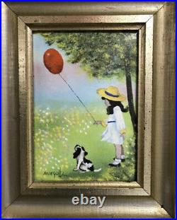 Girl with Red Balloon Spotted Dog Enameled Copper Rare Painting By DOM MINGOLLA