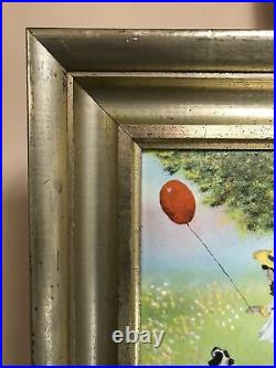 Girl with Red Balloon Spotted Dog Enameled Copper Rare Painting By DOM MINGOLLA