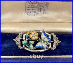 Gorgeous Art Nouveau Colorful Enamel Sterling Silver Brooch Flowers Butterfly