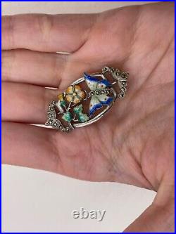 Gorgeous Art Nouveau Colorful Enamel Sterling Silver Brooch Flowers Butterfly