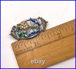 Gorgeous Art Nouveau Colorful Enamel Sterling Silver Brooch Flowers Butterfly