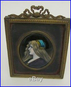 Gorgeous HP French Female Miniature Enamel Portrait on Copper 1900 Artist Signed