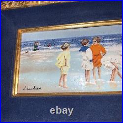 Gorgeous enamel on copper painting children at the sea by J Lukes (1040)