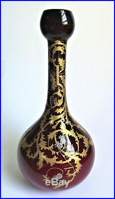 HARRACH OXBLOOD RED Silver Gold ENAMEL Painted BOHEMIAN Art Glass ANTIQUE VASE