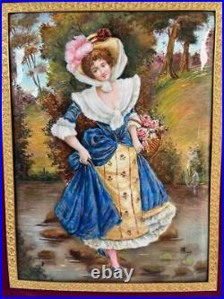 HUGE 15 French Limoges Painted Lady Enamel Painting Portrait Gilt Ormolu Frame