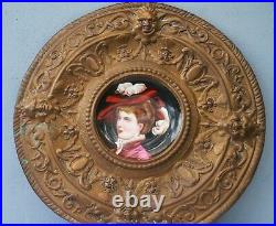 Hand Painted Portrait Plate German or French Noble Lady Brass Frame on Porcelan