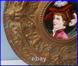 Hand Painted Portrait Plate German or French Noble Lady Brass Frame on Porcelan