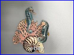 Handmade Bovano Enamel Paint Metal Art Two Seahorse, Coral, And Nautilus Shell
