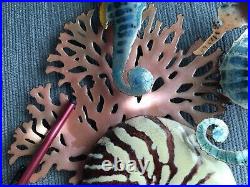 Handmade Bovano Enamel Paint Metal Art Two Seahorse, Coral, And Nautilus Shell