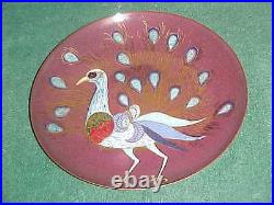 Hilda Kraus Midcentury Modern Enamel Copper Art Plate Peacock Painting Signed 9